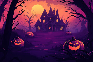 Halloween night background with spooky pumpkins, a haunted house, and dark trees. Halloween concept illustration design. Cartoon vector illustration for a Halloween party invitation or poster. Space f