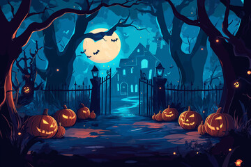 Halloween night background with spooky pumpkins, a haunted house, and dark trees. Halloween concept illustration design. Cartoon vector illustration for a Halloween party invitation or poster. Space f