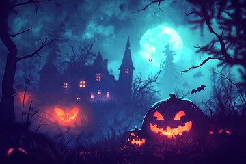 Halloween night background with spooky pumpkins, a haunted house, and dark trees. Halloween concept illustration design. Cartoon vector illustration for a Halloween party invitation or poster. Space f