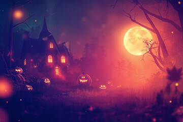 Halloween night background with spooky pumpkins, a haunted house, and dark trees. Halloween concept illustration design. Cartoon vector illustration for a Halloween party invitation or poster. Space f