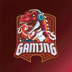 Obraz premium Vector Illustration of Dinosaur Wearing Headphone Playing Joystick with Esport Style Illustration Available for Logo Badge