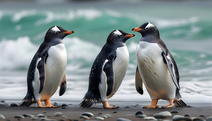 Gentoo penguins basking on a sandy coastline under the bright sun