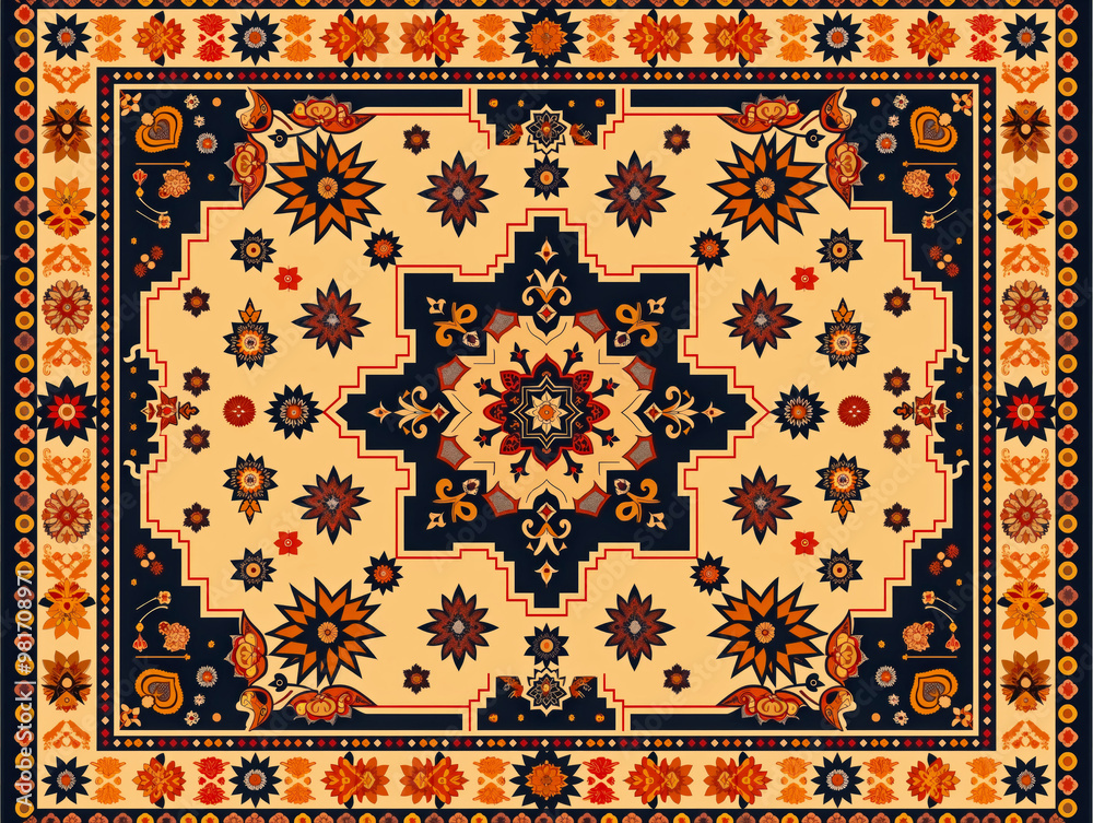 Wall mural A colorful rug with a flower pattern. The rug is made of wool and has a blue and orange design