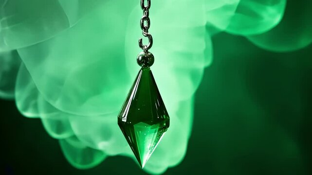 Green crystal pendulum hangs on a silver chain, swinging against a blurred green background. The image evokes themes of spirituality, divination, and new age practices