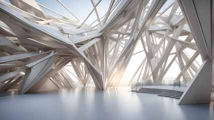 3D rendering of an abstract architectural design made up of lines and planes.