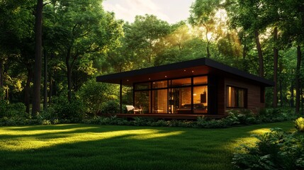 Modern cube home with wooden facade and wraparound porch, nestled in a lush forest, minimalist architecture, soft sunlight filtering through trees, photorealistic, warm earthy tones