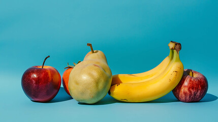 Fresh fruit on a blue background, including apples, a pear, and bananas.