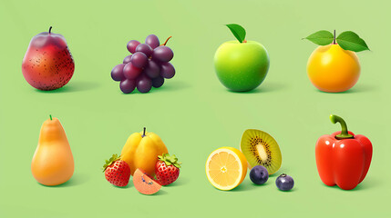 A set of colorful, 3d rendered fruits and vegetables on a green background.