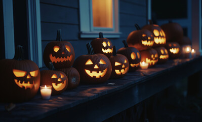 A row of carved pumpkins sitting on the edge of an old wooden porch at night, illuminated by candlelight with various smiling and scary faces carved into them, autumnal decorations, shot in the style 