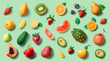 Assortment of fresh fruits arranged on a light green background.