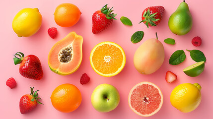 A colorful assortment of fresh fruits on a pink background.