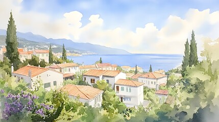 Fototapeta premium Coastal scene with vividly painted houses, lush green hills framing the village, watercolor strokes mixed with oil painting depth, peaceful landscape