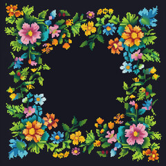 Vibrant pixelated floral frame, digital embroidery-inspired design with copy space