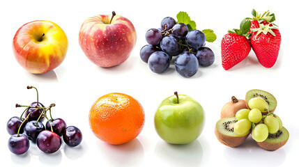 Assortment of fresh fruits and berries isolated on white background.