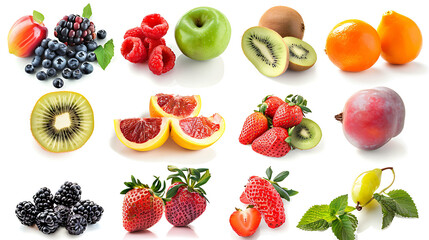 Variety of fresh fruits on a white background.