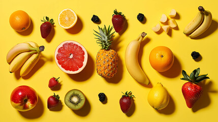 Assortment of fresh fruit on a yellow background.
