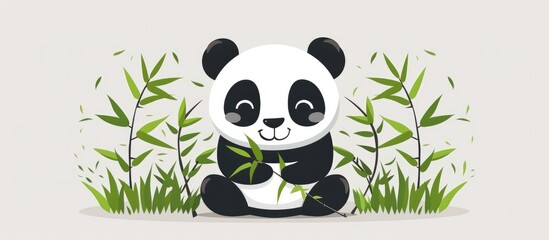 Obraz premium Adorable and Playful Panda Bear Sitting in Lush Green Bamboo Forest Peaceful and Calm Panda Surrounded by Leaves and Grass