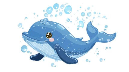 Fototapeta premium Cute cartoon of a friendly blue whale swimming in the calm and serene underwater environment surrounded by bubbles and a fantasy like aquatic setting