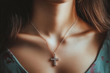 A woman wearing a Christian cross necklace as a symbol of faith and devotion captured in a close-up view