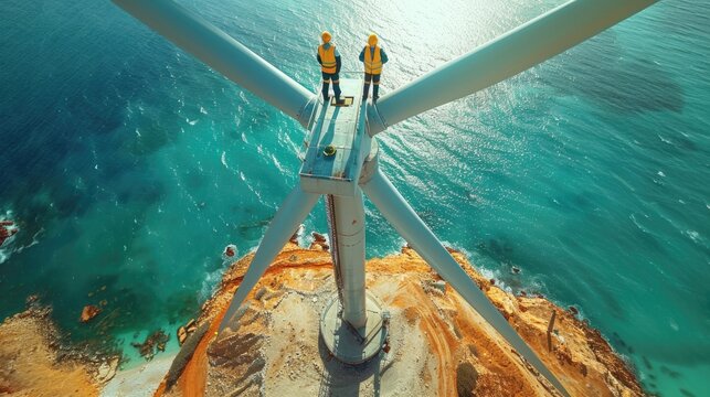 Wind power upkeep: skilled workers performing maintenance on wind turbine, stunning landscape in background, role of technicians in ensuring efficiency, reliability of renewable energy sources.