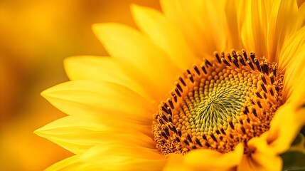 Sunflower core close-up, focusing on the intricate, naturally occurring patterns within the seeds and the radiance of the yellow petals