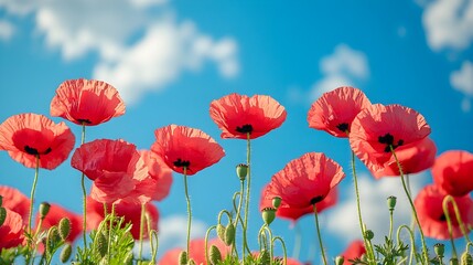 Obraz premium Poppy flowers waving in unison under the vast blue sky, the red petals creating a striking contrast against the green stems and the clear atmosphere