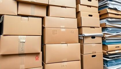 A stack of cardboard boxes, likely containing various items for shipping or storage