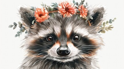 Obraz premium Cute and Adorable Raccoon Wearing a Floral Wreath Crown Headdress in a Forest Nature Setting with Flowers Leaves and Greenery Whimsical Fairytale and Fantasy Style Animal Portrait