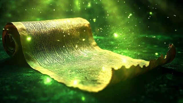 Ancient scroll is unfurling, revealing mystical secrets written in an unknown language, with magical green lights sparkling around it