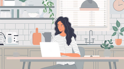 Young businesswoman manage business from home on remote, freelancer using laptop sit kitchen table on self-quarantine, work over personal growth, apply for online courses to learn 