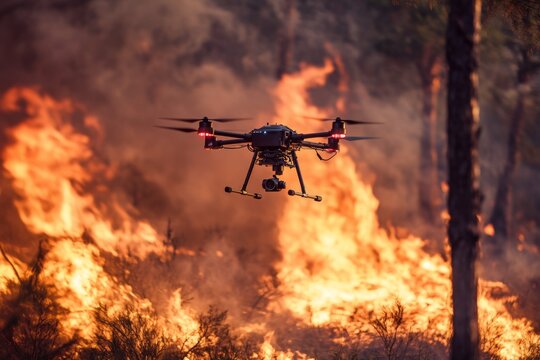 Drone monitors wildfire in remote forest area using advanced firefighting technology to combat raging flames