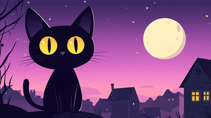 flat cartoon black cat with yellow eyes against the background of a purple sky, a full moon, and a house on a Halloween night. 