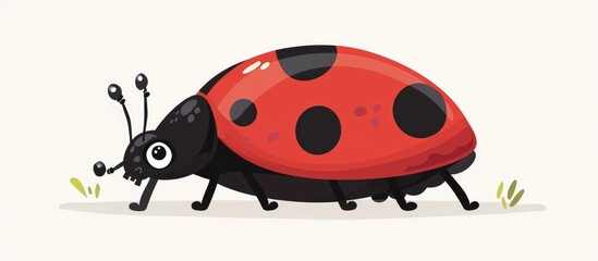 Obraz premium Cheerful Ladybug Cartoon in Red and Black with Spots on Green Leaf Cute Lucky Insect Design Element for Nature Garden and Spring Themed Graphic
