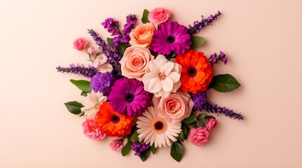 Top-down shot of assorted flowers, including roses, daisies, and lavender, arranged in a circular pattern on a pale beige background, evoking a joyful and fresh atmosphere
