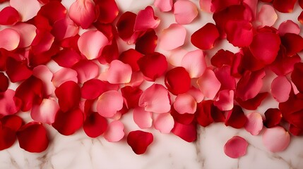 Top-down view of assorted rose petals in reds and pinks, randomly placed across cool marble, evoking romance, great for beauty-related visuals