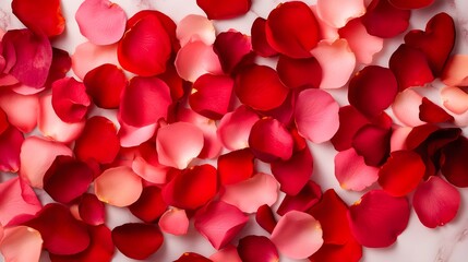 Top-down view of assorted rose petals in reds and pinks, randomly placed across cool marble, evoking romance, great for beauty-related visuals