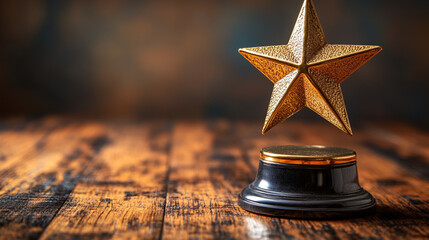 A close-up view of a golden star trophy on a wooden surface, highlighting achievement and recognition in a warm ambiance.