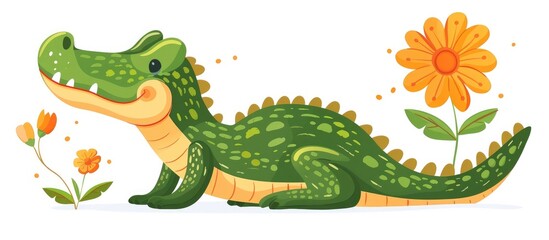 Fototapeta premium Friendly and Playful Green Alligator Character in Colorful Cartoon Nature Scene with Flowers Leaves and Other Wildlife Elements Suitable for Children s Story Books