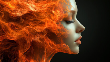 A striking profile of a woman with fiery hair, symbolizing passion and intensity against a dark background.