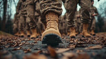 Fototapeta premium Close-up of a Military Boot on a Forested Path