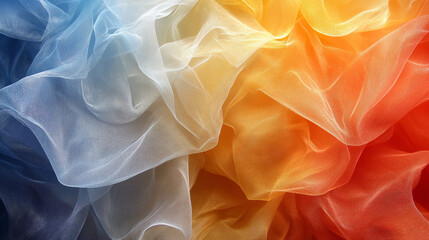 Obraz premium A vibrant abstract fabric pattern showcasing flowing layers of sheer material in blue, white, orange, and yellow hues.