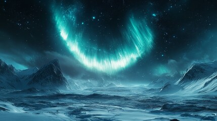 Naklejka premium The Aurora Borealis above an icy Arctic landscape, glowing neon green waves in the night sky, sci-fi aesthetic, highly detailed digital art, futuristic touch