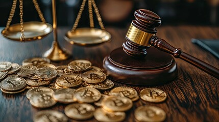Gavel, Scales, and Bitcoin Coins Representing Legal Disputes in Cryptocurrencies