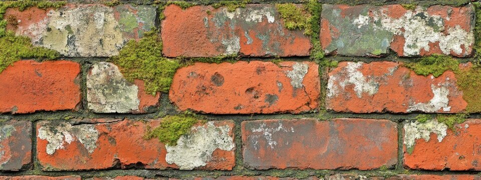 Vintage red brick texture with moss and age-worn details 