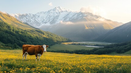 Majestic Pastoral Scene with Grazing Cow in Alpine Meadow at Sunset