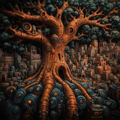 Fototapeta premium Fantasy Tree Overlooking a Mystical Cityscape with Intricate Details