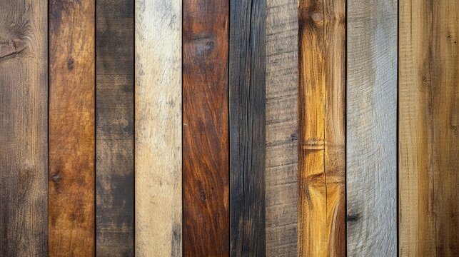 A detailed texture of wood showing various patterns and finishes, such as old barn wood, polished wood, or rustic planks