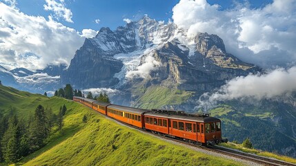 Obraz premium Red Train Winding Through Swiss Alps Landscape