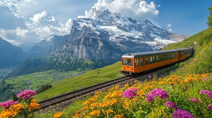 Obraz premium Orange Train Winding Through Swiss Alps with Vibrant Wildflowers