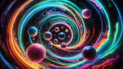 Glowing spiral galaxy with neon color stripes and floating spheres, a vibrant space scene